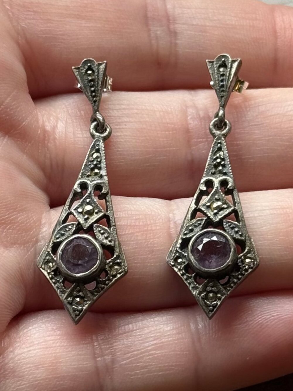 Art Deco Amethyst and Marcasite Drop Earrings in Sterling Silver 925